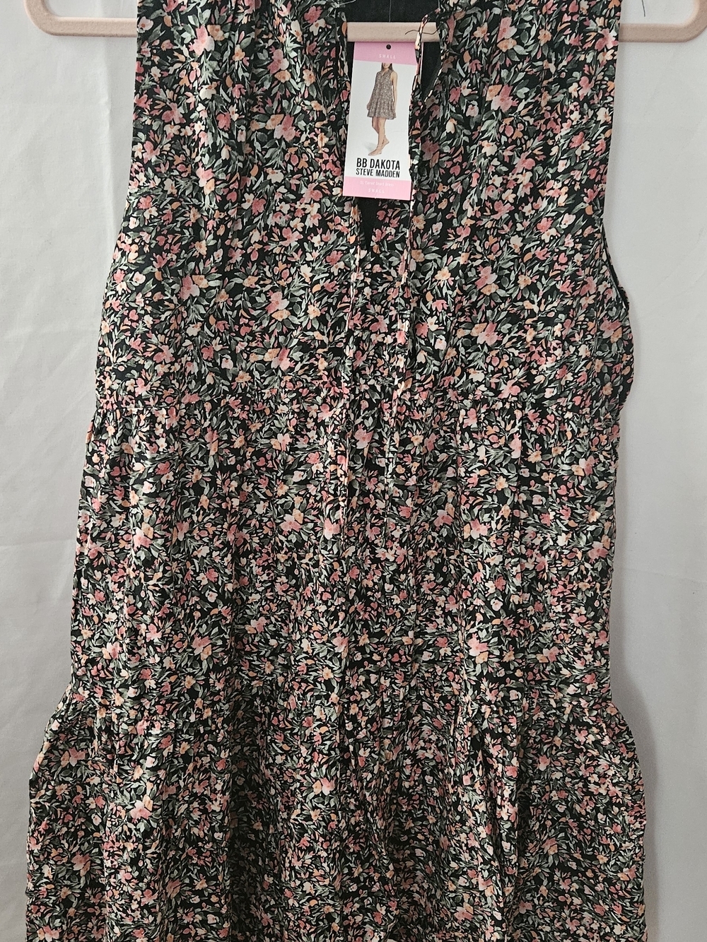 #1 BB Dakota Black Floral Tiered Midi Dress with Pink & Cream Blossoms